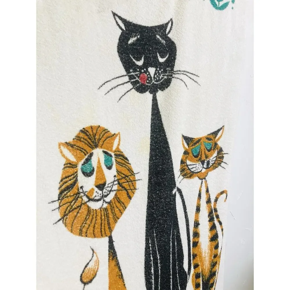 Vintage 1950s 60 Cannon Terry Beach Towel Tiger Pop Art Lion Graphic Black Cat O